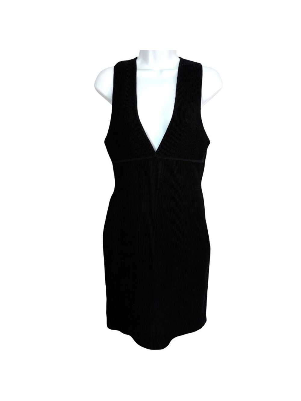 Aritzia Babaton Deep V Neck Black Dress Large Ribbed Bodycon Plunge Neck LBD